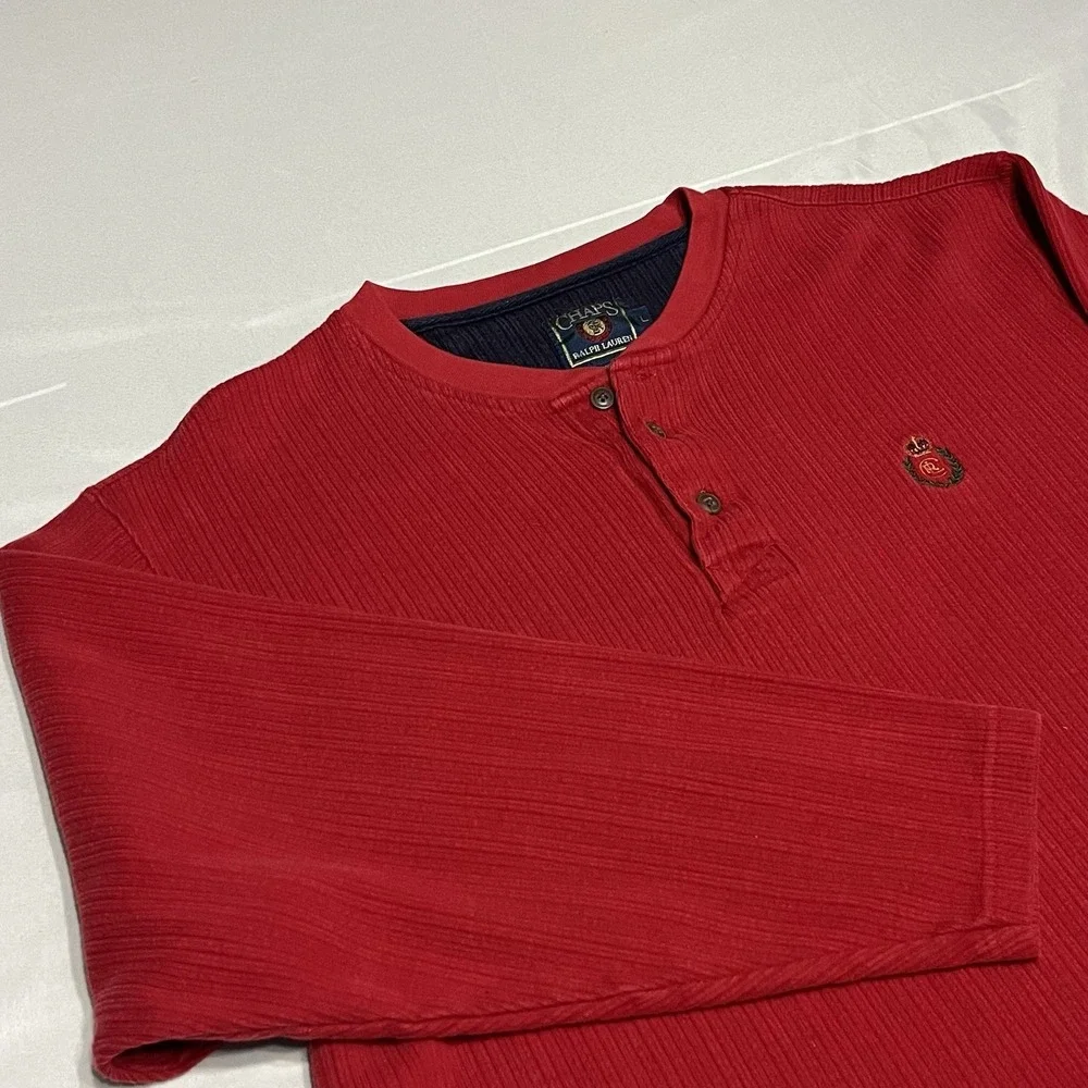 Vintage Chaps Ralph Lauren Sweater Men's Size L Red Henley Pullover Crest 90s